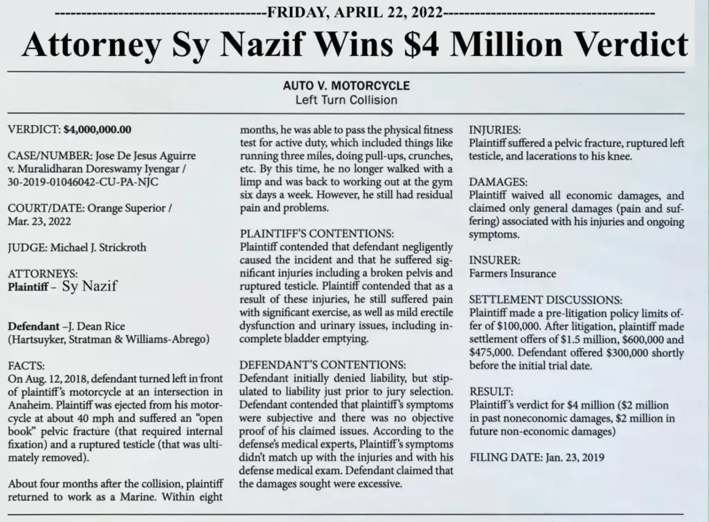 Newspaper headline announcing $4 million verdict